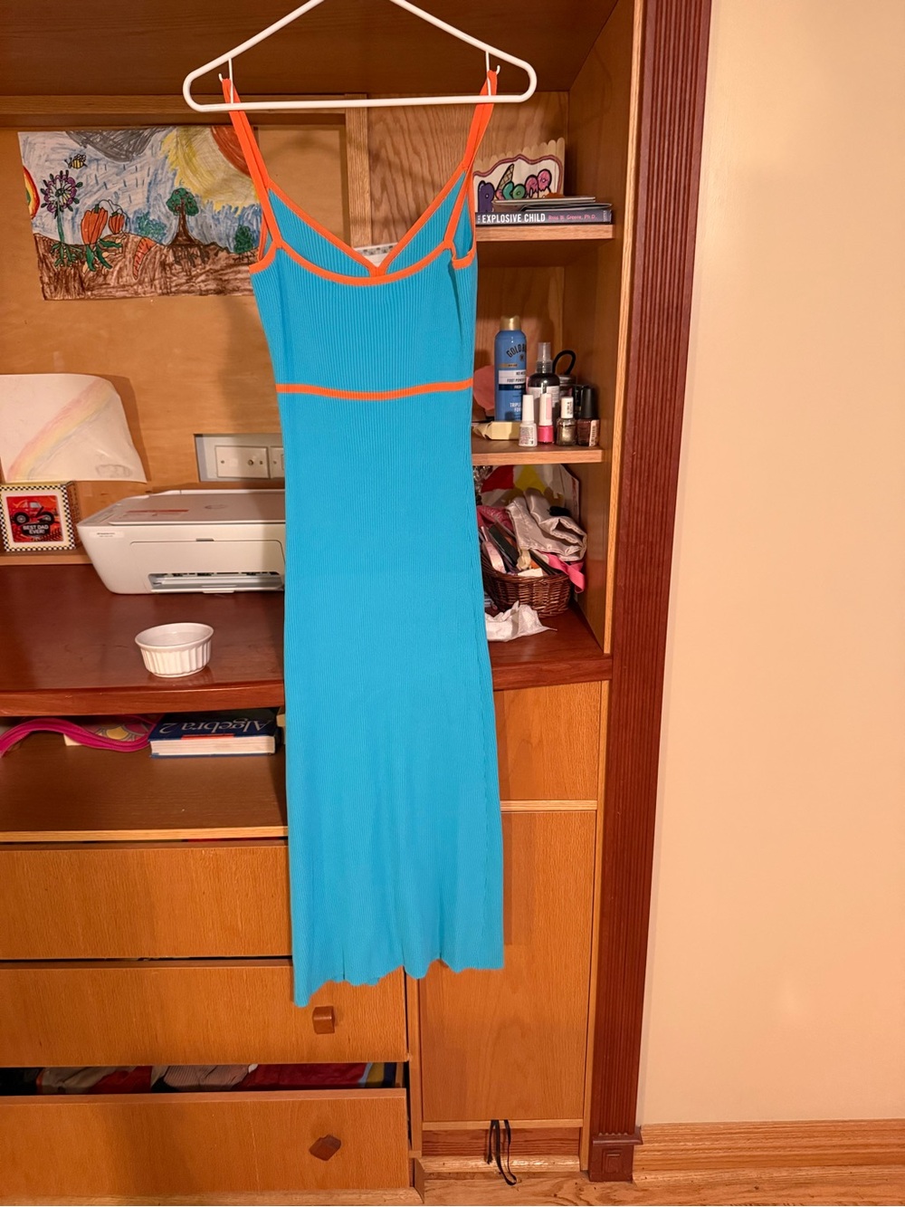 ANTHROPOLOGIE Siempre Knit Contrast Midi Dress Blue with Orange Trim - Picture 3 of 5